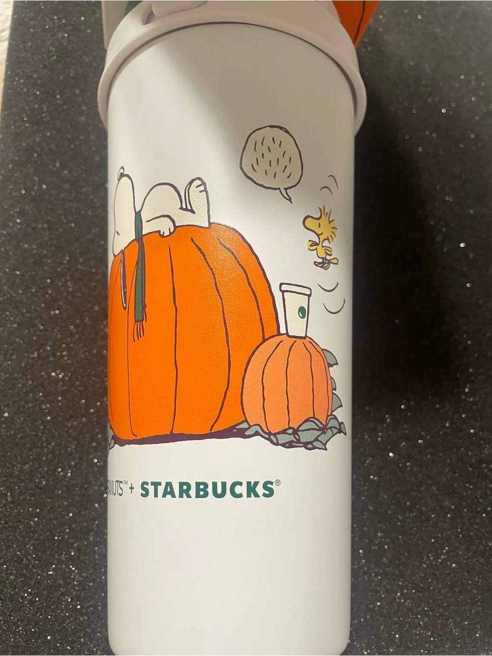 Starbucks White Travel Tumbler with Green Lid and Pumpkin Peanuts Art